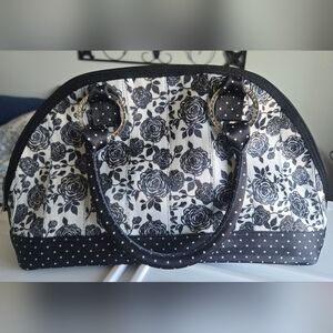 Black & White Floral Tote Bag with Polka Dot Trim